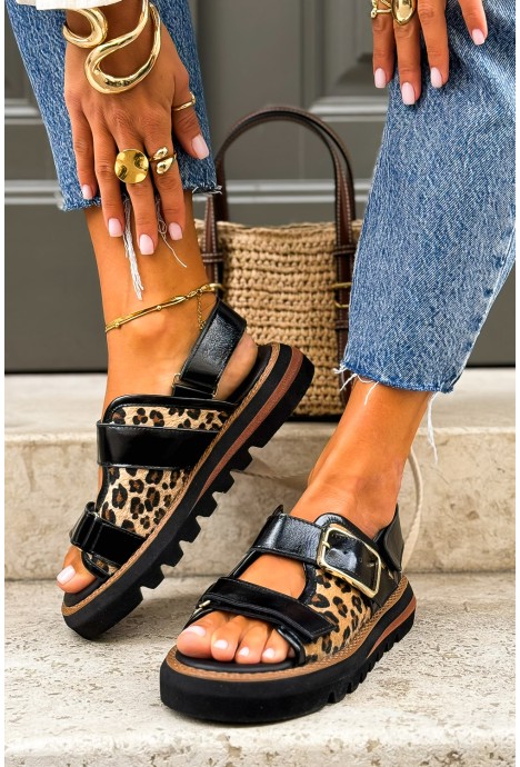 Czarne sandały Fiorita z panterkowym akcentem