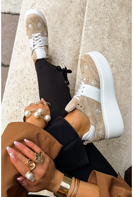 Beżowe zamszowe sneakersy Loreva w kwiaty